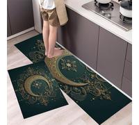 HASLEFND Kitchen Rug Sets 2 Piece Kitchen Mats Non Slip Washable Kitchens Runners Floor Mat Dark Green Retro Luxury Style Moon, Stars And Chains for Kitchens Laundry Room Hallway 45x75+45x150cm
