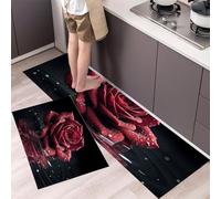HASLEFND Kitchen Rug Sets 2 Piece Kitchen Mats Non Slip Washable Kitchens Runners Floor Mat Dark Red Flower Photography Roses On The Water for Kitchens Laundry Room Hallway 50x80+50x150cm