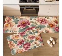 HASLEFND Kitchen Rug Sets 2 Piece Kitchen Mats Non Slip Washable Kitchens Runners Floor Mat Pink Elegant Retro Style Blooming Peonies for Kitchens Laundry Room Hallway 40x60+40x120cm