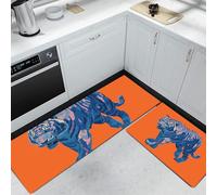 HASLEFND Kitchen Rugs Runner Set of 2 Pop Art Style Blue Tiger Kitchens Floor Mat for Home Decoration Office Waterproof Non Slip Kitchen Rug Set Comfort Standing Mats (Orange Color, 45x75+45x150cm)