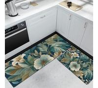 HASLEFND Kitchen Rugs Runner Set of 2 Tropical Style Lily Leaves Kitchen 2 Floor Mat for Home Decoration Office Non Slip Kitchen Rug Set Comfort Standing Mats (Blue-Green, 40x60+40x120cm)