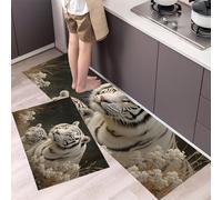 HASLEFND Kitchen Rugs Runner Set of 2 Wild Animals White Tiger Grass Kitchens Floor Mat for Home Decoration Office Waterproof Non Slip Kitchen Rug Set Comfort Standing Mats (White, 40x60+40x120cm)