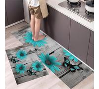 HASLEFND Kitchen Rugs Sets of 2-Non Slip Kitchen Mats for Floor-Distressed Retro Style Daisy, Butterfly, Old Wooden Board Kitchen Floor Mat Runner Carpet for Hallways Entryway - Blue-40x60+40x120cm