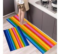 HASLEFND Kitchen Rugs Sets of 2-Non Slip Kitchen Mats for Floor-Hand-Drawn Lines Colored Horizontal Stripes Kitchens Floor Mat Runner Carpet for Hallways - Yellow Blue-45x75+45x150cm