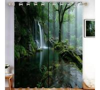 HASLEFND Landscape Photography Waterfalls, Streams, Moss Thermal Blockout Curtains with Eyelet Top - 52" W x 84" L - Energy Saving & Noise Reducing Curtains for Living Room & Bedroom - Dark Green