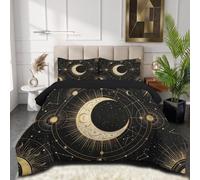 HASLEFND Luxurious Dark Style Single Duvet Set with 2 Pillowcases Coverless Duvet with Crescent Star Ring Pattern Washable Reversible All Seasons Lightweight Warm - 140 x 200 cm
