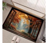 HASLEFND Machine Washable Rugs 40 x 60 cm, Non-Slip Doormat, Autumn Forest Bedside Rug, Trees Outside The Wooden Window Area Rugs, Low Pile, Non-Shedding, For Front Back DoorOrange Color