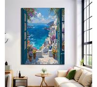 HASLEFND Ocean View Outside The Window Wall Art Canvas UnFramed Blue Print Mediterranean Style Painting Canvas Poster Wall Artworks Pictures for Living Room Bedroom Home Office Decor 40 x 50 cm