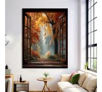 HASLEFND Orange Color UnFramed Canvas Prints Wall Art Set, Autumn Forest Wall Decor, Trees Outside The Wooden Window Canvas Artwork for Living Room, Bedroom, Dining Room, Office, 30 x 40 cm