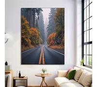 HASLEFND Orange UnFramed Canvas Prints Wall Art Set, Landscape Photography Wall Decor, Light Mist Over The Roadside Trees Canvas Artwork for Living Room, Bedroom, Dining Room, Office, 50 x 70 cm