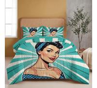 HASLEFND Pop Art Coverless Single Duvet Set 4.5 Tog 2 Pieces | 140 x 200 cm Lightweight Quilt, 1 Pillowcase 50×75cm, Soft Microfibre Women With Hair And Virtue Bed Cover Bedding,Blue