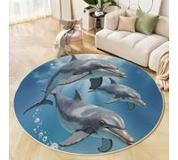 HASLEFND Realistic Animal StyleBlue Dolphin Swimming Round Rug Kids Playmat Children Crawling Carpet Non-slip Rug Bedroom Rugs Washable Non Shedding Ø 100cm