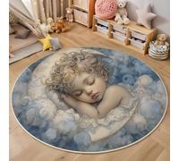 HASLEFND Retro Oil Painting StyleBlue Baby Sleeping On A Crescent Moon Round Rug Kids Playmat Children Crawling Carpet Non-slip Rug Bedroom Rugs Washable Non Shedding Ø 160cm