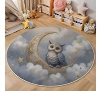 HASLEFND Round Kids Play Rug Cartoon Animals Owl, Moon, Clouds - Round 120cm Soft & Non-Slip Soft Crawling Play Mat for Children Toddlers Bedroom Playing and Learning,Washable Classroom Rug