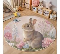 HASLEFND Round Kids Play Rug Cute Animals Rabbit, Flower, Butterfly - Round 180cm Soft & Non-Slip Soft Crawling Play Mat for Children Toddlers Bedroom Playing and Learning,Washable Classroom Rug