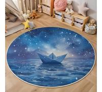 HASLEFND Round Kids Play Rug Dream Theme Paper Boats, Starry Sky, Ocean - Round 120cm Soft & Non-Slip Soft Crawling Play Mat for Children Toddlers Bedroom Playing and Learning,Washable Classroom Rug