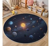 HASLEFND Round Rug, Universe Galaxy Play Rugs for Kids, Planets In The Solar System Nursery Area Rugs, Kids Bedroom Rug, Non-Slip Mat, Carpet for Living Room 120cm,Yellow Blue