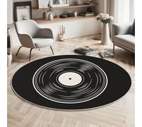 HASLEFND Round Rugs 180cm, Music Theme Vinyl Records Rugs for Bedroom, Non Slip Non Shedding Soft Low Pile Black And White Circular Carpet for Kids Room Kitchen Office Dining Room