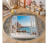HASLEFND Round Washable Rug 100cm - Soft Natural Scenery Beach Window Frame Sea Surface Area Carpet with Non-Slip Backing, Machine Washable Floor Mat for Bedroom, Living Room & Nursery Light Blue