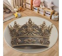 HASLEFND Round Washable Rug 100cm - Soft Retro Baroque Style Mechanical Crown Area Carpet with Non-Slip Backing, Machine Washable Floor Mat for Bedroom, Living Room & Nursery Gold