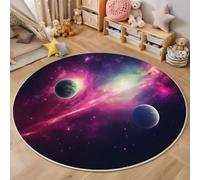 HASLEFND Round Washable Rug 120cm - Soft Sci-Fi Space Style Dream Nebula Planet Area Carpet with Non-Slip Backing, Machine Washable Floor Mat for Bedroom, Living Room & Nursery Purple