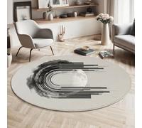 HASLEFND Rugs Living Room Round 180cm Abstract Lines Half-Moon Gray-Black Washable Circle Area Rugs Bedroom Carpet Round Short Pile Anti Slip for Dining Room Kids Rooms Hallway