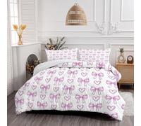 HASLEFND Simple Lines Coverless Double Duvet Set 3 Pieces | with 2 Pillowcases Coverless Duvet with Pinkish-Purple Bow Heart Washable Reversible All Seasons Lightweight Warm - 200 x 200 cm