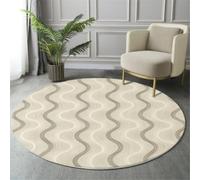 HASLEFND Simple Lines Rugs Living Room Round 120cm Wave Curve Off White Washable Circle Area Rugs Bedroom Carpet Round Short Pile Thin Anti Slip for Dining Room Kids Rooms Hallway