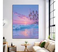 HASLEFND Sunset At The Beach Wall Art Canvas UnFramed Pink Print Seaside Scenery Painting Canvas Poster Wall Artworks Pictures for Living Room Bedroom Home Office Decor 70 x 100 cm