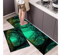 HASLEFND The Jungle Book Kitchen Carpet Runners Non Slip Washable Kitchen Runners Floor Mat Grey Ancient Tree Fireflies for Kitchens Laundry Room Hallway (Blue-Green,40x60+40x120cm)