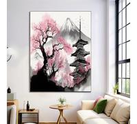 HASLEFND UnFramed Canvas Wall Art 40 x 50 cm Japanese Ink Painting Cherry Blossoms And Mount Fuji Walls Canvas Pictures for Living Room Bedroom Hallway Wall Decoration Prints Black And Pink