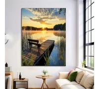 HASLEFND UnFramed Canvas Wall Art 40 x 50 cm Lakeside Scenery Wooden Dock On The Lake Walls Canvas Pictures for Living Room Bedroom Hallway Wall Decoration Prints Yellow Blue