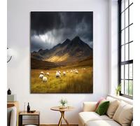 HASLEFND UnFramed Canvas Wall Art 50 x 70 cm Landscape Photography Sheep Grazing In The Mountains Walls Canvas Pictures for Living Room Bedroom Hallway Wall Decoration Prints Yellow