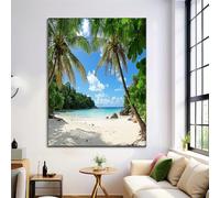HASLEFND UnFramed Canvas Wall Art 80 x 120 cm Tropical Beach Style Coconut Trees On The Beach Walls Canvas Pictures for Living Room Bedroom Hallway Wall Decoration Prints Blue-Green