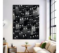 HASLEFND UnFramed Canvas Wall Art - Black Simple Cartoon, Black Cat Avatar Printed paintings, Whimsical Walls Decoration for Living Room, Bedroom Pictures for Wall or Prints for Walls - 70 x 100 cm