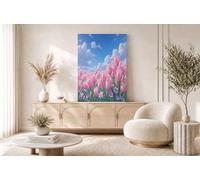 HASLEFND UnFramed Canvas Wall Art Tulip Fields Under Blue Sky Canvas Print Fresh Flowers Pink Picture Painting Poster for Living Room Bedroom Bathroom Corridor Home Wall Decoration 60 x 90 cm