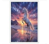 HASLEFND UnFramed Fantasy Animals Wall Art White Horse On The Beach Wall Decor Dark Purple Canvas Walls Art for Bedroom Bathroom Kitchen Home Decor,