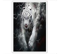 HASLEFND UnFramed Fantasy Art Style Wall Art Lightning In The White Tiger Clouds Wall Decor Black And White Canvas Walls Art for Bedroom Bathroom Kitchen Home Decor,