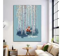 HASLEFND UnFramed Minimalist Illustrations Wall Art Birch Forest Fox Wall Decor Blue Canvas Walls Art for Bedroom Bathroom Kitchen Home Decor,