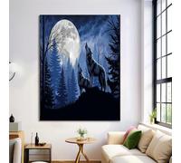 HASLEFND UnFramed Natural Animals Wall Art Full Moon Wolf Forest Wall Decor Blue Canvas Walls Art for Bedroom Bathroom Kitchen Home Decor,