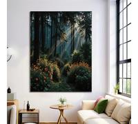 HASLEFND UnFramed Sunlight Filters Through The Treetops Wall Art for Living Room Decor Dreamscape Painting Pictures 30 x 40 cm Dark Green Canvas Prints Artwork for Bedroom Office Home Decoration