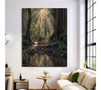 HASLEFND UnFramed Sunlight Shines Through The Trees Wall Art for Living Room Decor Natural Landscape Painting Pictures 40 x 50 cm Golden Green Canvas Prints Artwork for Bedroom Office Home Decoration