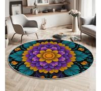 HASLEFND Washable Large Flowers Round Rugs 60cm, Mandala Wind Rug for Bedroom, Non-Slip Low Pile Carpet for Nursery Kids Room, Purple