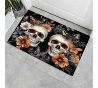 HASLEFND Washable Non-Slip Door Mat 50 x 80 cm, Gothic Aesthetics Printed Rug | Luxury Soft Cashmere Feel Short Pile Skull Flower Butterfly Rug for Entrance, Entryway, Corridor, Easy Care