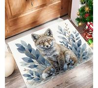 HASLEFND Watercolor Animals Door Mat 50 x 80 cm - Fox Plant Branches And Leaves Washable Mat Super Soft Non Slip Doormat Indoor Outdoor Water Floor Mats Blue Duty Entrance Rug