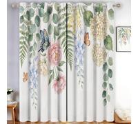 HASLEFND Watercolor Flowers Curtains 66" W x 54" L 2 Panels, 95% Blackout | Peony Butterfly Hydrangea Curtains for Bedroom, Living Room, Home Decor, Thermal Insulated Eyelet Window Drapes