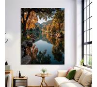 HASLEFND Yellow UnFramed Canvas Prints Wall Art Set, Natural Scenery Wall Decor, Autumn Trees By The Lake Canvas Artwork for Living Room, Bedroom, Dining Room, Office, 60 x 90 cm