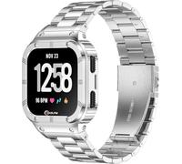 HASLFM Stainless Steel Band with Case Compatible for Fitbit Versa 4/3/2/1 Fitbit Versa Lite/Fitbit Sense 2/1, Rugged Metal Band with Protective Case Bumper Cover for Men(Silver)