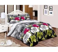 HASSTEX Printed Roses Florence Style 100% Egyptian Cotton Duvet Quilt Cover Bedding Set (Purple-Grey-Roses-Single)