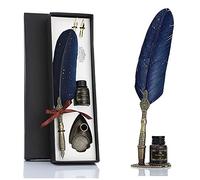 HASTHIP® Vintage Carving Feather Pen Set, Glittering Quill Pen Set Antique Calligraphy Writing Dip Pen with Black Ink, 2 Replacement Nibs, Pen Stand Base, Luxury Signature Pen (Blue)